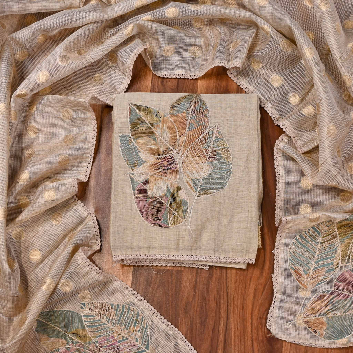 Linen Beige Chanderi Unstitched Suit