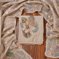 Linen Beige Chanderi Unstitched Suit