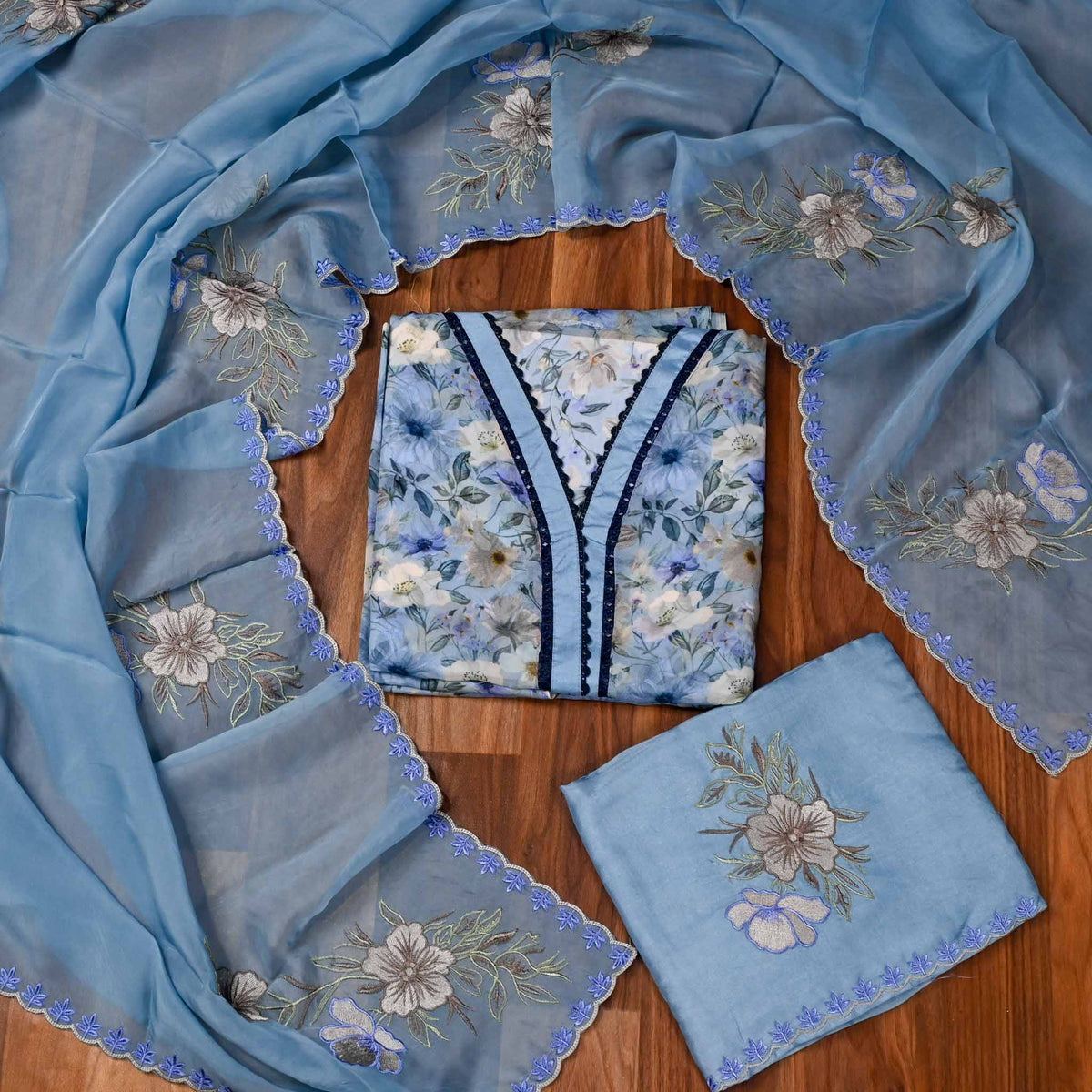 Organza Sky Blue Unstitched Suit