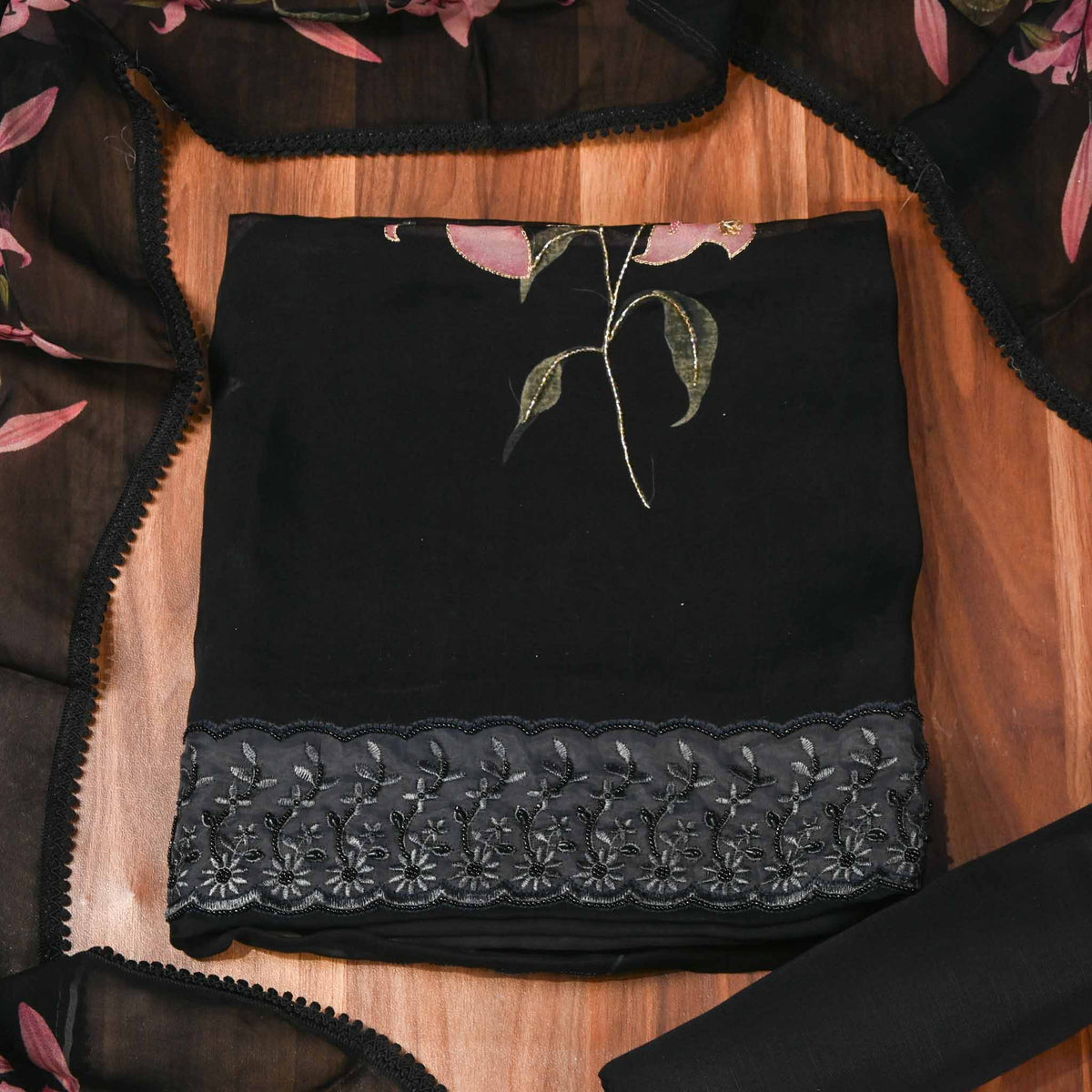 Organza Black Unstitched Suit