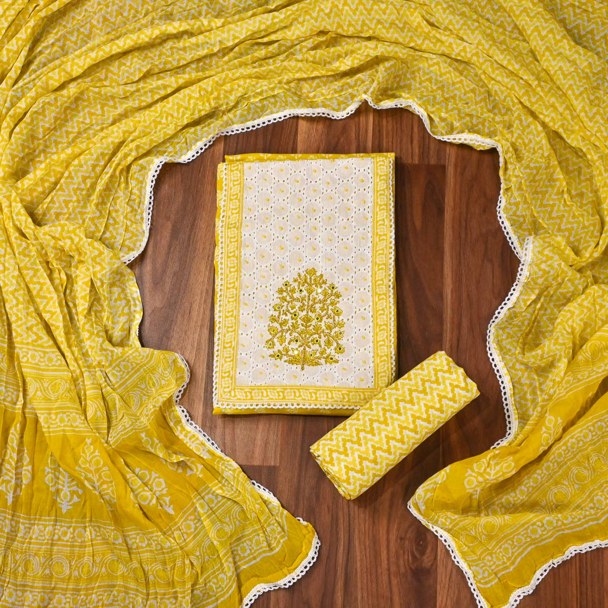 Cotton Yellow Unstitched Suit