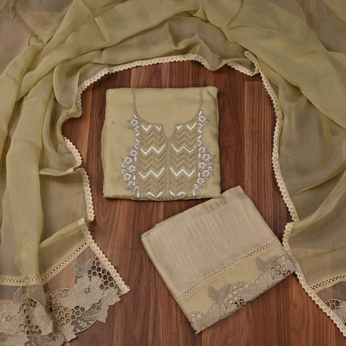 Organza Light Green Unstitched Suit
