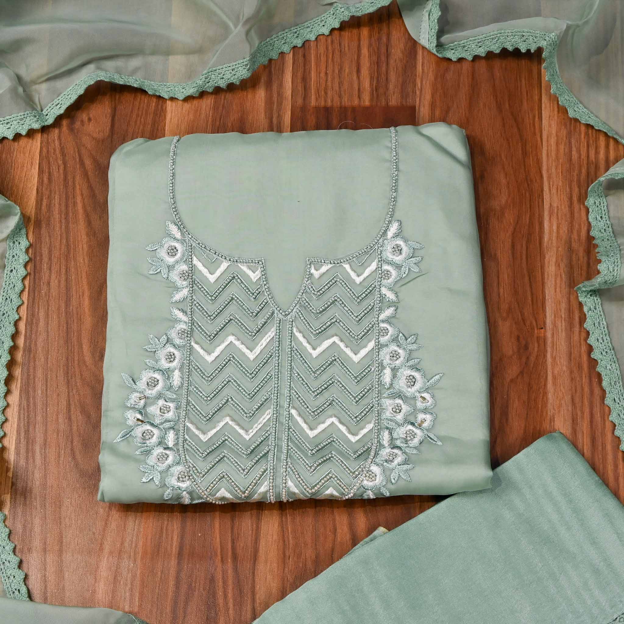 Organza Sea Green Unstitched Suit