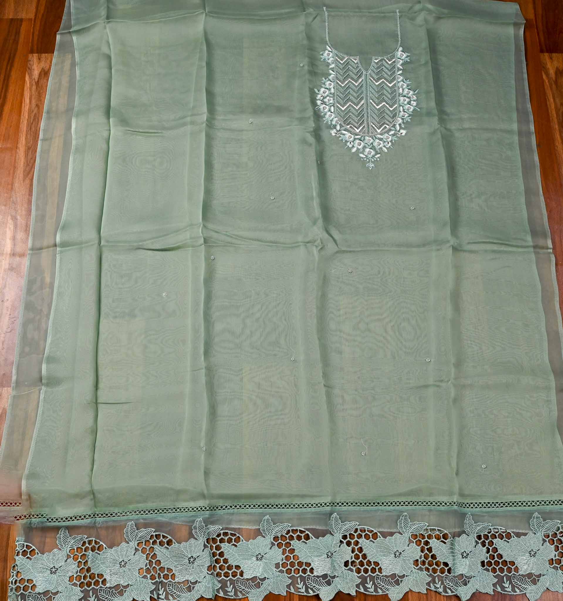 Organza Sea Green Unstitched Suit