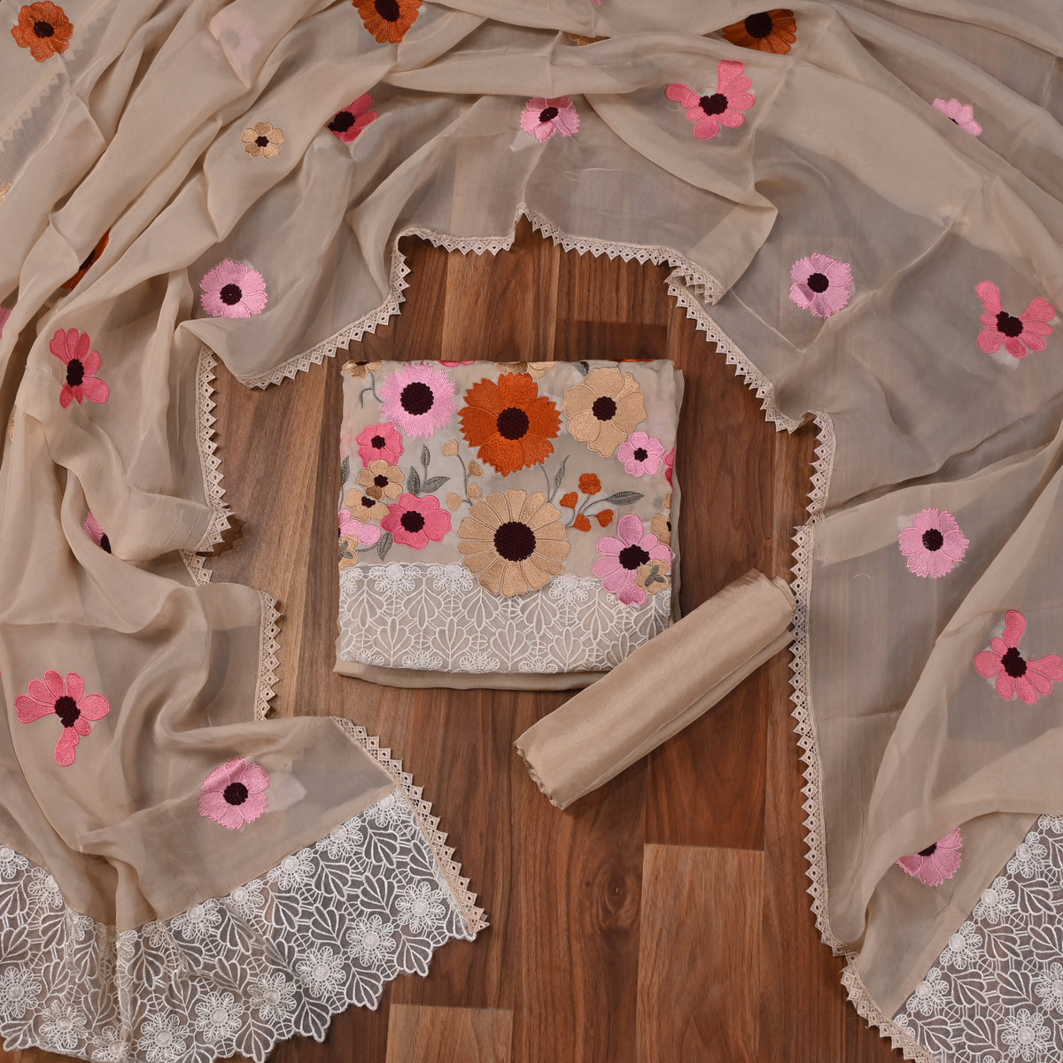 Organza Beige Unstitched Suit