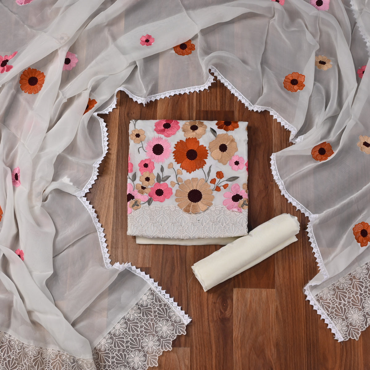 Organza White Unstitched Suit