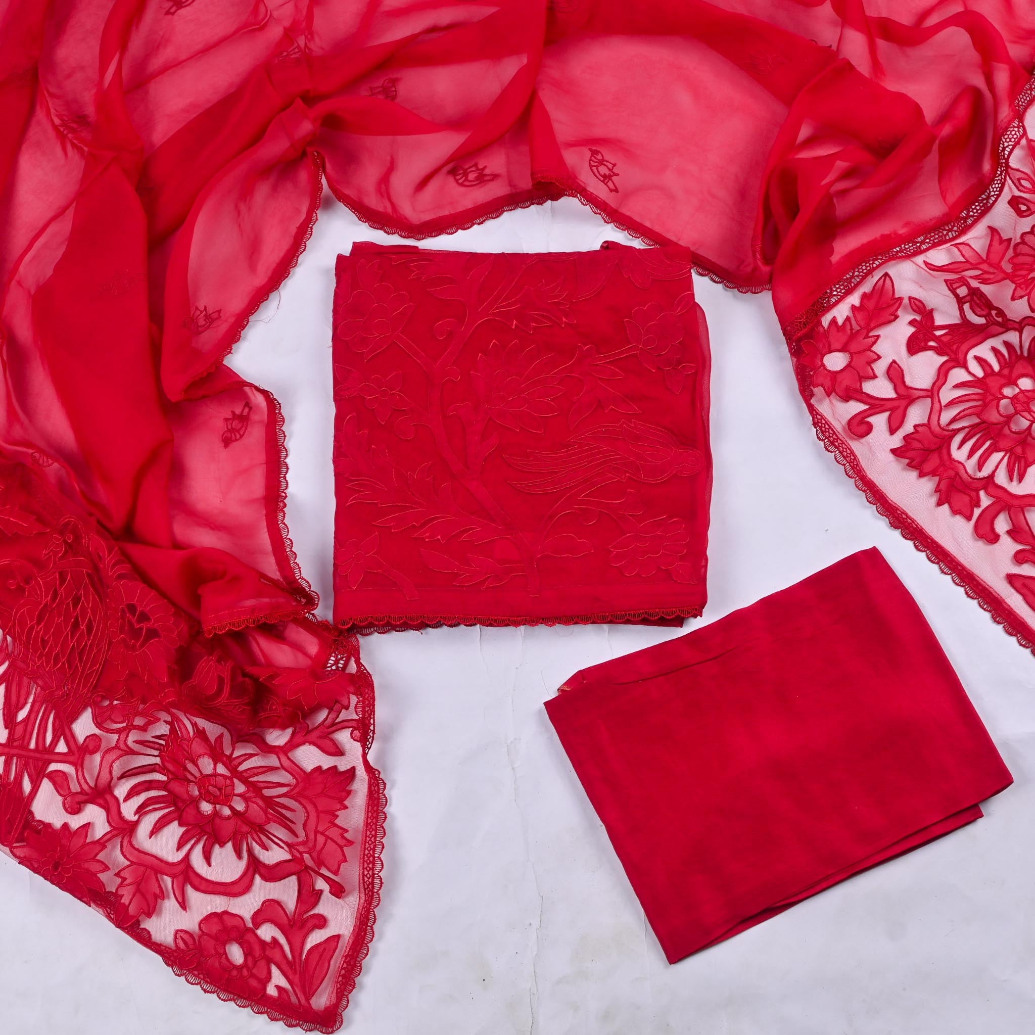 Organza Red Unstitched Suit
