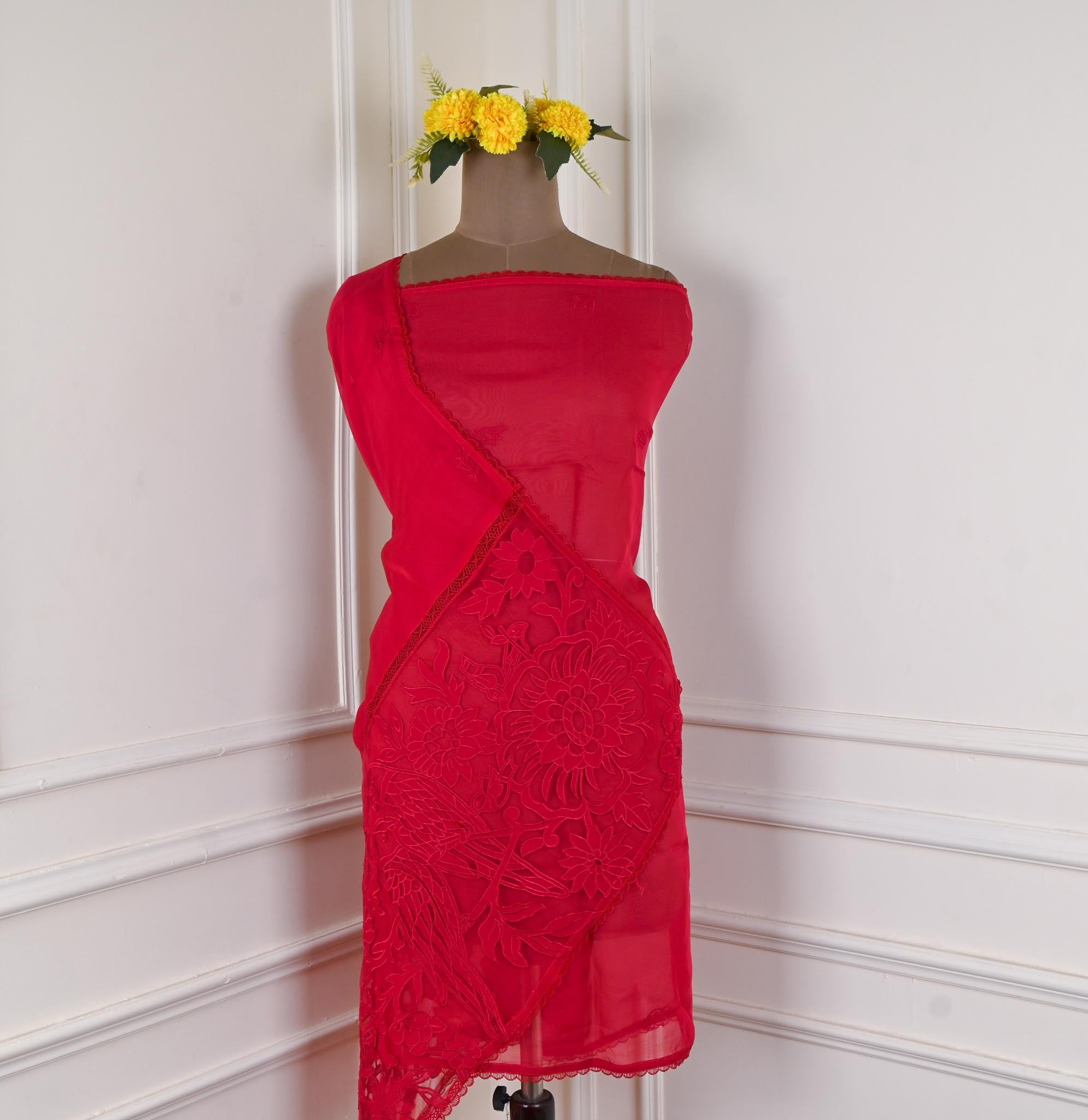 Organza Red Unstitched Suit