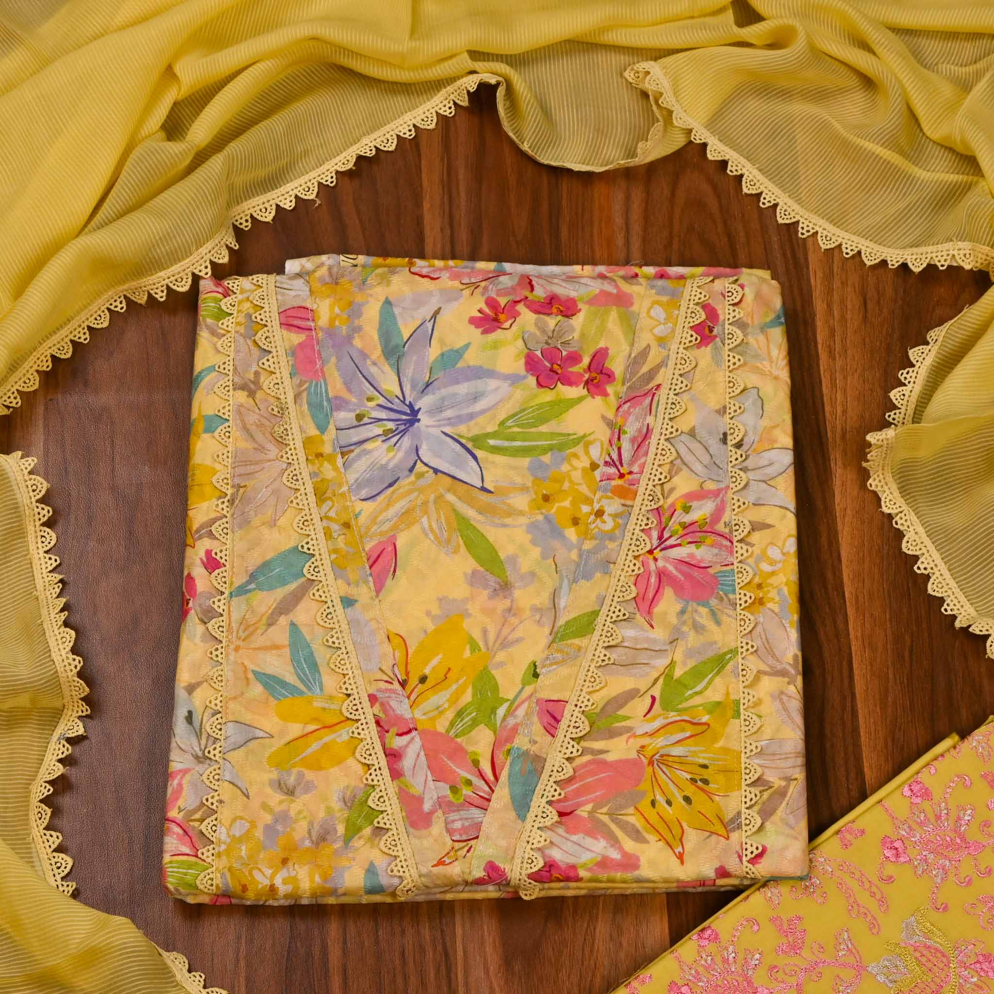 Cotton Yellow Unstitched Suit