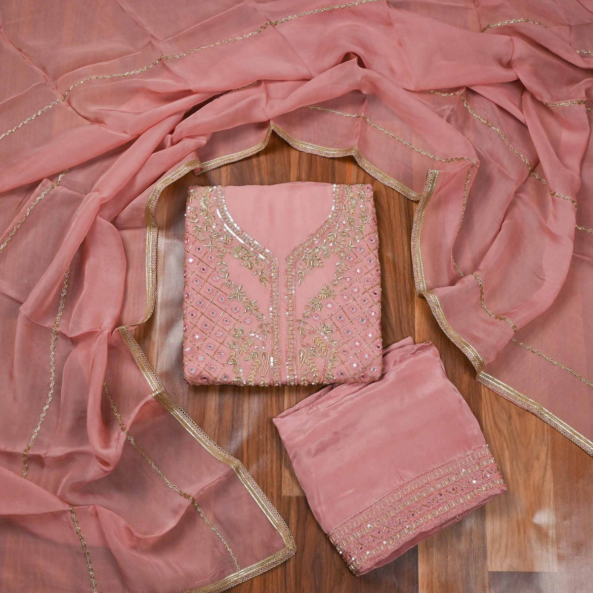 Organza Pink Unstitched Suit