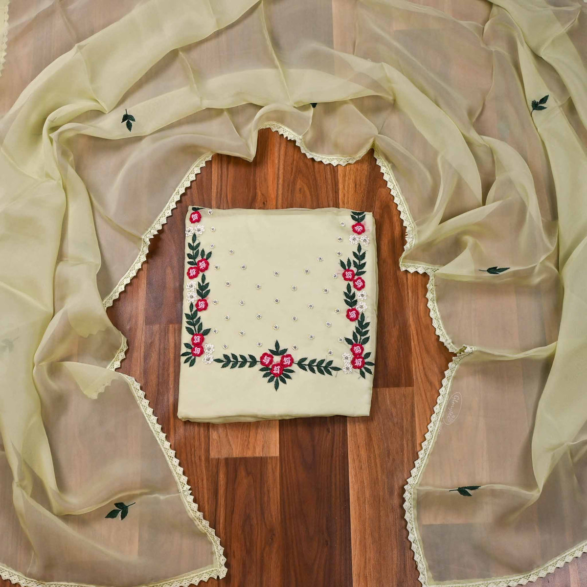 Organza Sea Green Unstitched Suit