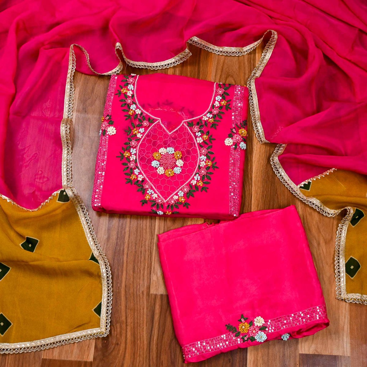 Organza Pink Unstitched Suit