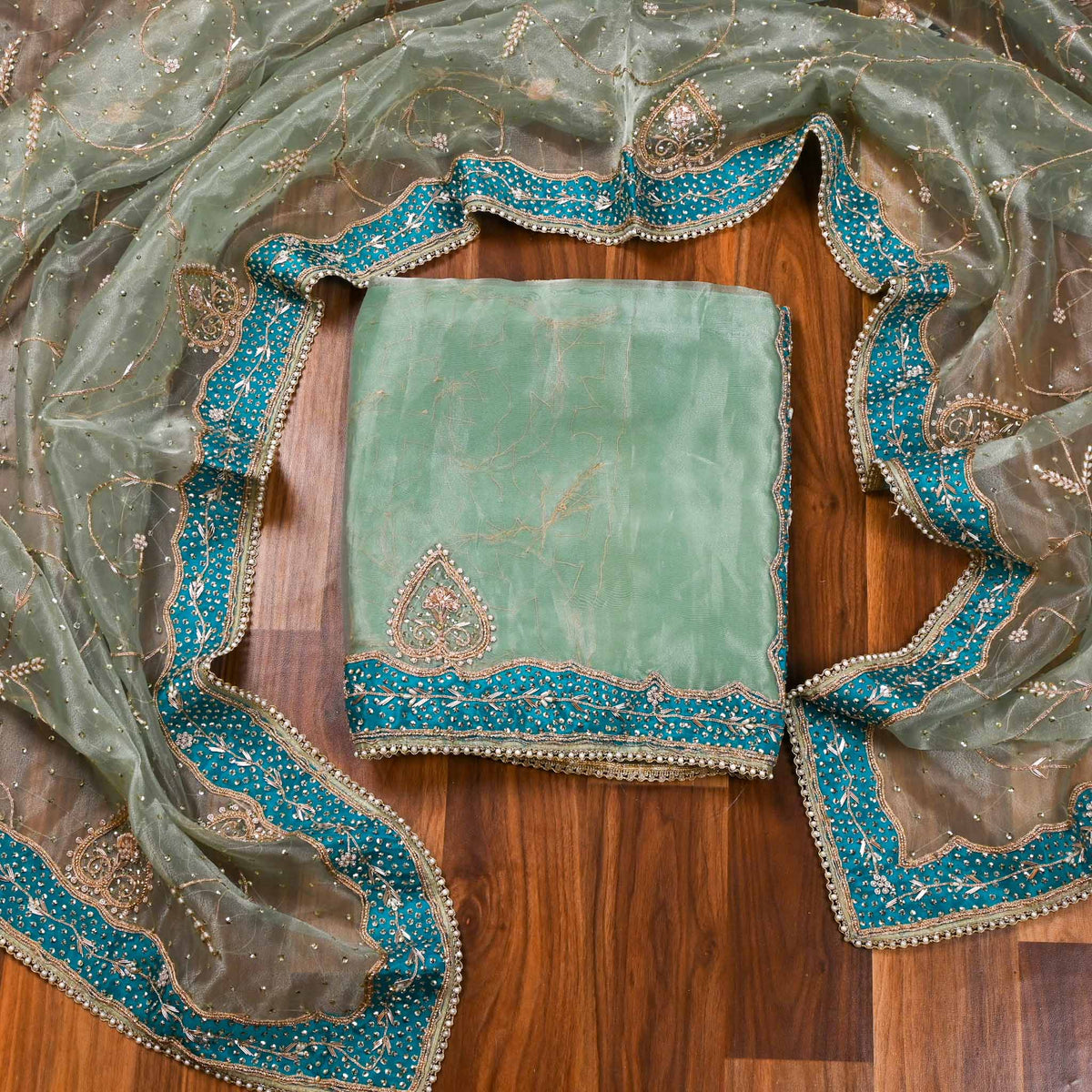 Glass Shimmer Green Unstitched Suit