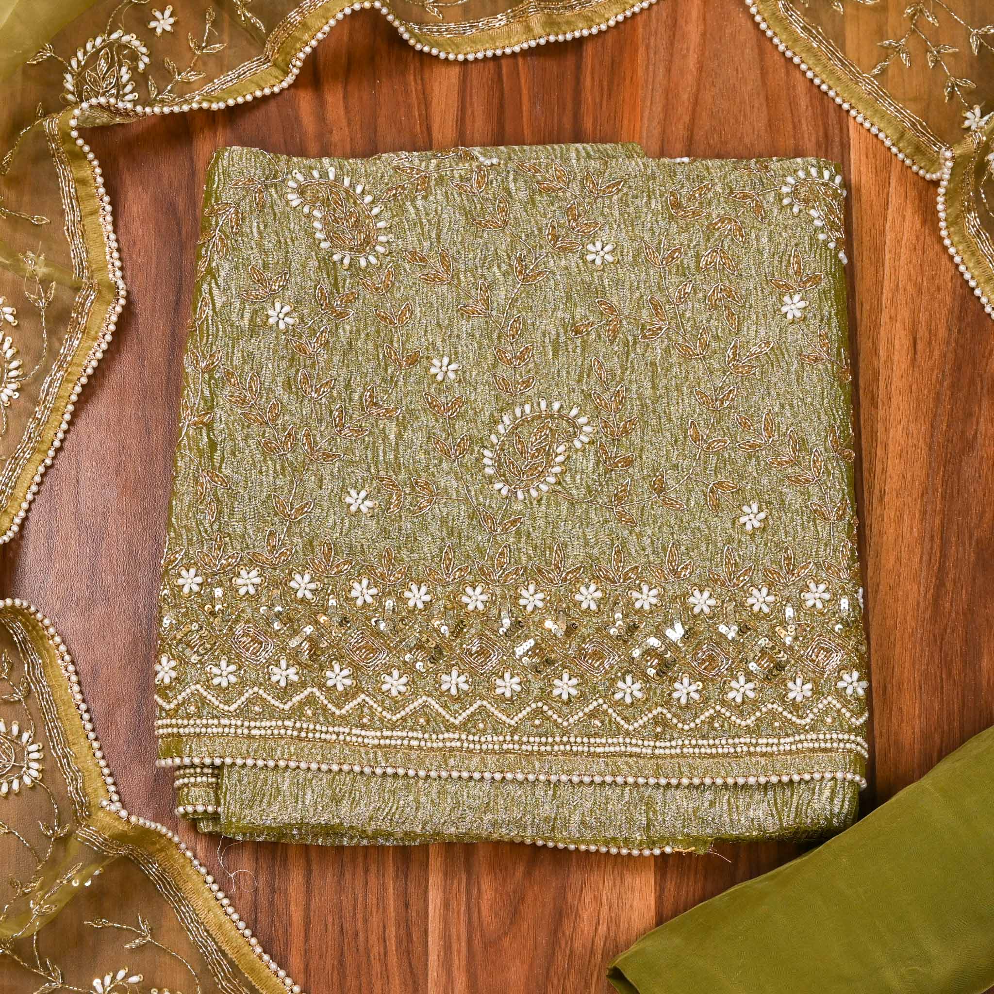 Crush Shimmer Green Unstitched Suit