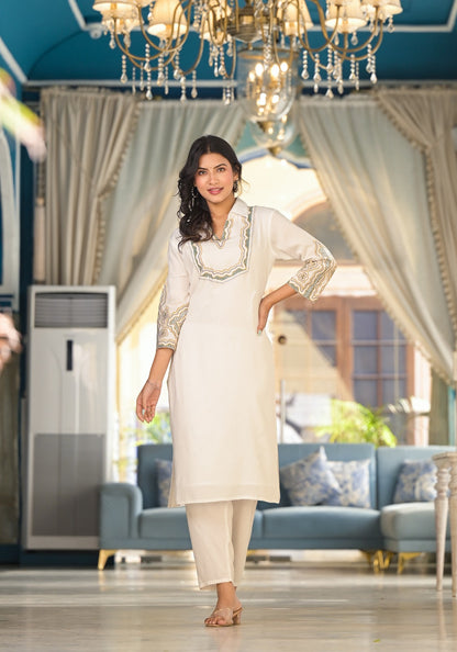 White Embroidered Cotton  Straight Kurti  With Trouser