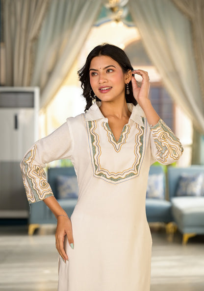 White Embroidered Cotton  Straight Kurti  With Trouser