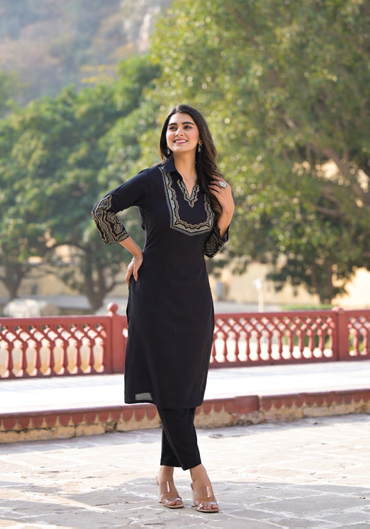 Black Embroidered Cotton  Straight Kurti  With Trouser