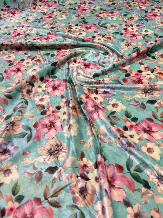 5 Meters Floral Digital Print Velvet Fabric (Width 44 inches)