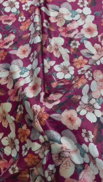 5 Meters Pink Floral Digital Print Velvet Fabric (Width 44 inches)